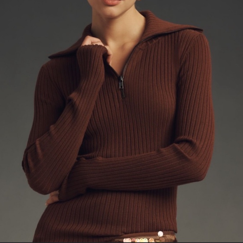 Maeve | Anthropologie | Brown Ribbed Half Zip Sweater
